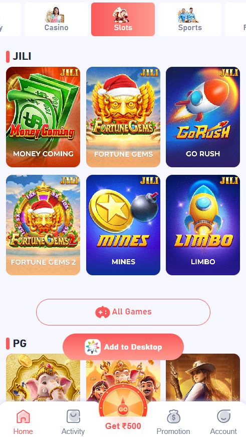 Slots tab of the Daman Game app showing slot title tiles grouped by provider with an All Games button